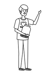 young man volunteer with donations coins in jar