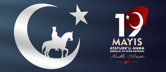 19 may, Commemoration of Atatürk, Youth and Sports Day, (19 mayıs, Atatürk'ü anma gençlik ve spor bayramı.) vector illustration.	