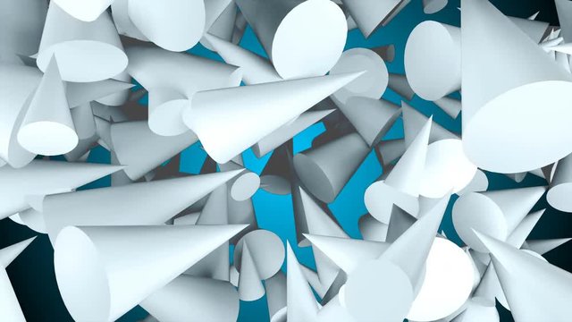 Many 3d cones are in the dark space, modern abstraction with simple shapes, computer rendering background