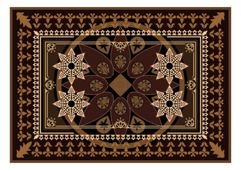 Carpet with brown color. The Eastern rectangular rug with different patterns and frames