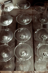many glass goblets, dishes close-up