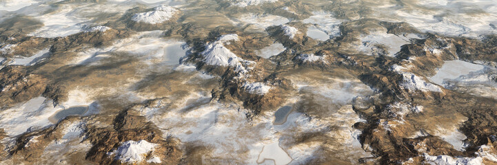 Colorful panoramic landscape: lake and snow mountains highlands landscape, aerial view of miniature world.  (Plane backplate, 3D rendering computer digitally generated illustration.)