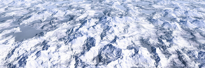 Colorful panoramic landscape: lake and snow mountains highlands landscape, aerial view of miniature world.  (Plane backplate, 3D rendering computer digitally generated illustration.)