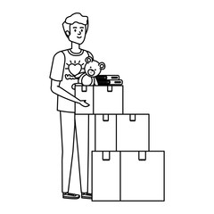 young man volunteer with donations boxes