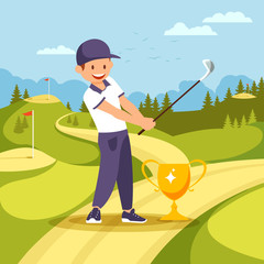 Golf Player Stand near Goblet with Club in Hands.