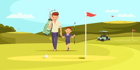 Man in Sport Suit with Golf Clubs Walking with Son