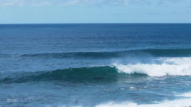 Atlantic ocean turquoise wave breakers, Slow motion blue seascape scene, sufers paradise, Madeira Islands, summertime vibe