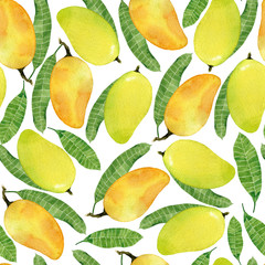 Watercolor seamless pattern with yellow mango fruits and leaves.