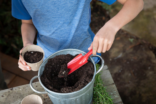 Boy scooping soil into pots to plant seeds in the garden