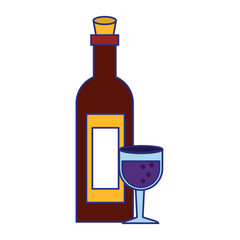 Wine bottle and cup isolated blue lines