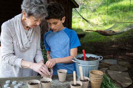 A boy and his grandmother planting seeds in the garden