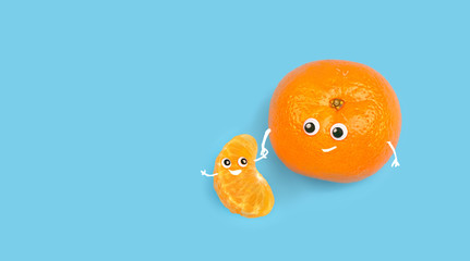 Funny food - tangerines couple. tangerine and tangerine slice looks like baby and parent. minimalism style. 