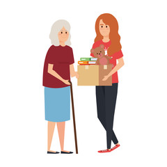 woman volunteer giving a old woman donations box