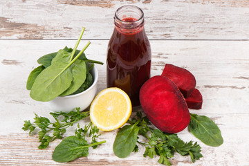 Fresh prepared beetroot juice with other vegetables. Healthy lifestyles and nutrition concept