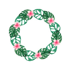  Watercolor set with tropical leaves and flowers. Monstera leaves and palm trees. Frames of tropical leaves and pink flowers.