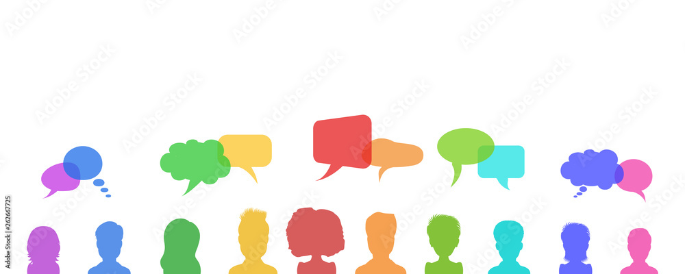 Wall mural Business discussion or people talking, chat dialogue speech bubbles, news or social network design concept. Flat style  illustration