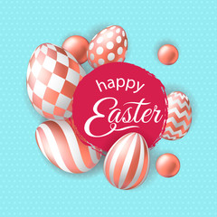 Happy Easter square template with realistic pink golden eggs on cayn background. Template of 3d easter eggs with patten for card, invitation, sale, web, post. Greeting card trendy design