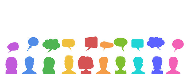 Illustration in flat style, businessmen discussion in social networks, news or chat dialogue speech bubbles. Social network design concept.