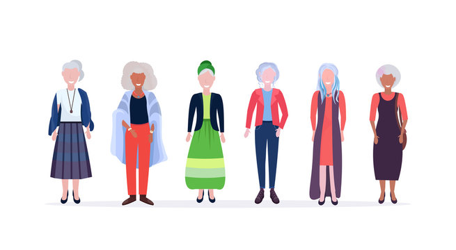 casual mature women standing together smiling mix race senior ladies wearing trendy clothes female cartoon characters full length flat white background horizontal