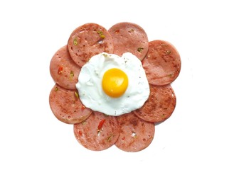 Top view of fried egg on fried pork ham sliced or bologna isolated on white background, Sunny side Up