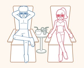 Vacation couple on island, Summer beach cartoon graphic vector