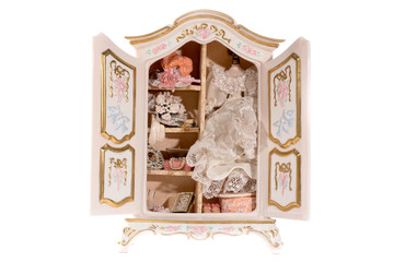 Miniature Victorian Wardrobe with Wedding Dress