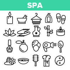 Spa Beauty Service Linear Vector Icons Set. Spa Treatments Thin Line Contour Symbols. Asian Therapy, Alternative Medicine, Relaxation, Massage, Aromatherapy. Beauty Salon Items Outline Illustrations