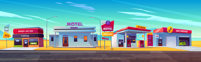 Roadside motel with parking, oil station, burger and coffee bar and car service. Index signboard show way to infrastructure and noctidial accommodation for traveling people cartoon vector illustration