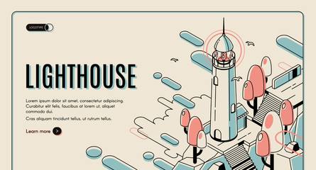 Lighthouse building and seagulls on retro colored background. Nautical theme banner, marine logistics, seaport and traveling. Isometric vector illustration in line art style, landing page template