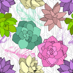 Vector Succulents floral botanical flower. Engraved ink art. Seamless background pattern.
