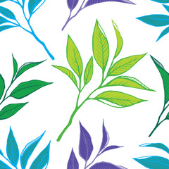 Tea leaves seamless pattern. Floral color background in hand drawn style on white