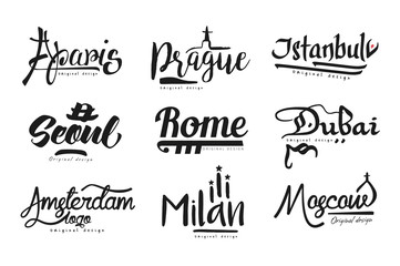 Names of cities, Paris, Prague, Istanbul, Seoul, Rome, Dubai, Amsterdam, Milan, Moscow, city lettering design hand drawn vector Illustration