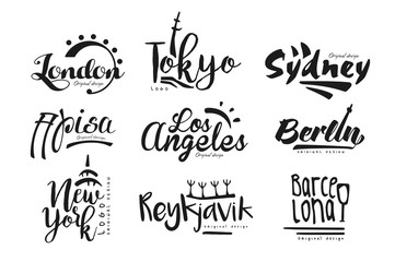 Names of cities, London, Tokyo, Sydney, Pisa, Los Angeles, Berlin, New York, Reykjavik, Barcelona, city lettering design hand drawn vector Illustration - obrazy, fototapety, plakaty