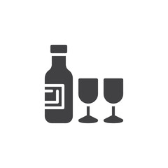 Bottle of wine and glasses vector icon. filled flat sign for mobile concept and web design. Wine glasses and alcohol drink bottle glyph icon. Symbol, logo illustration. Pixel perfect vector