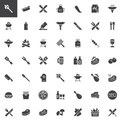 Fototapeta premium BBQ party time vector icons set, modern solid symbol collection, filled style pictogram pack. Signs, logo illustration. Set includes icons as Barbecue grill, Beef steak meat, Grilled chicken, Sausage