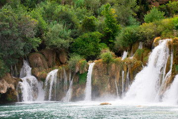 Fototapeta premium view of the waterfall and the blue lake in the Croatian National Park Krk