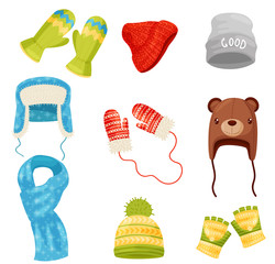 Winter scarf, hats and caps, gloves and mittens set for men and women. Vector cartoon icons.