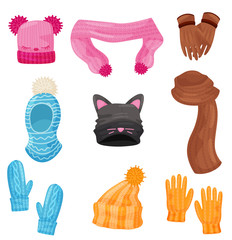 Winter scarf, hats, gloves and mittens. Vector cartoon icons.