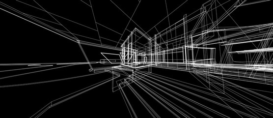 Architecture design concept 3d perspective wire frame rendering black background