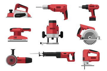 Power electric tools set in flat style. Red industrial instrument. Illustrations of saws, drill, planer, grinders, screwdriver.