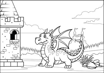 black and white coloring page dragon and castle with cartoon style