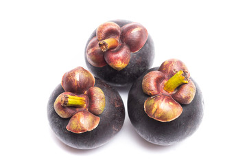 Fototapeta premium Group of mangosteen isolated on white background. Mangosteen is a queen of fruit in Thailand and asia fruit have a sweet. Fresh dark mangosteen background. Mangosteen is a popular fruit in Thailand.