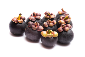 Group of mangosteen isolated on white background. Mangosteen is a queen of fruit in Thailand and asia fruit have a sweet. Fresh dark mangosteen background. Mangosteen is a popular fruit in Thailand.