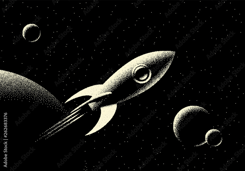 Poster space landscape with scenic view on planet, rocket and stars made with retro styled dotwork
