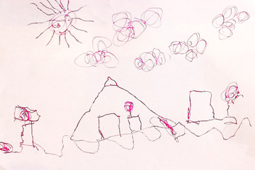 Child scribble on the wall colored pencils scribbles on a white wall made by a little kid that could pass as abstract work.