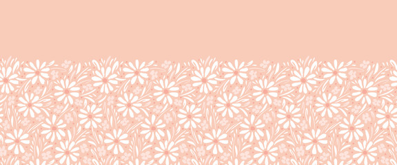 Monochrome hand-painted daisies and foliage on peach pink background horizontal vector seamless border. Floral Edge