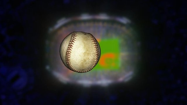 Baseball flying towards camera with stadium and flashes in the background