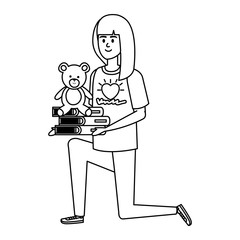 woman volunteer with books and bear teddy