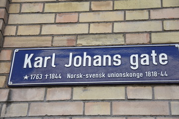 Fototapeta premium Oslo street name sign Karl Johans gate. King Karl Johan Norwegian and Swedish king 1818-1844.