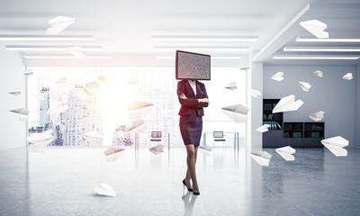 Fototapeta premium Business woman with TV instead of head.